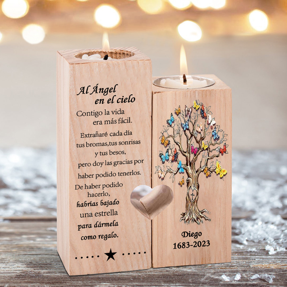 Candelero de dos piezas en memoria de ser querido de madera nombre y año personalizados sin vela-Jessemade ES