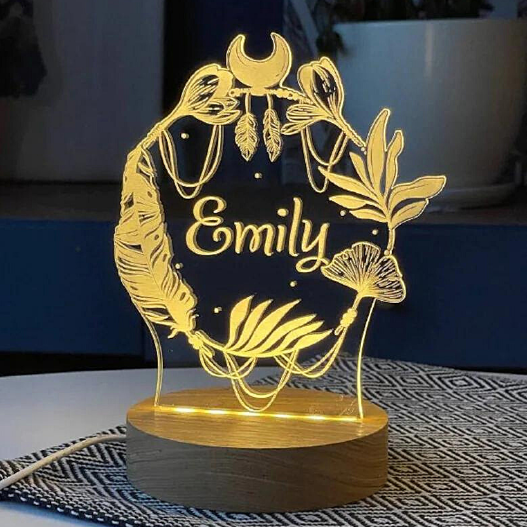 Lámpara 3D Ilusión Luz de noche de plumas LED Luces de colores personalizadas 1 nombre