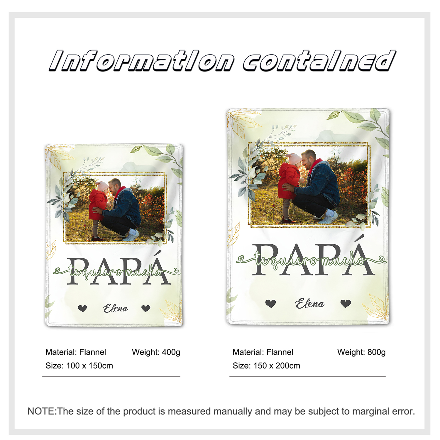 A mi padre de hij@-Manta de buen calidad con hojas personalizada con 1 foto y 1 nombre-Jessemade ES