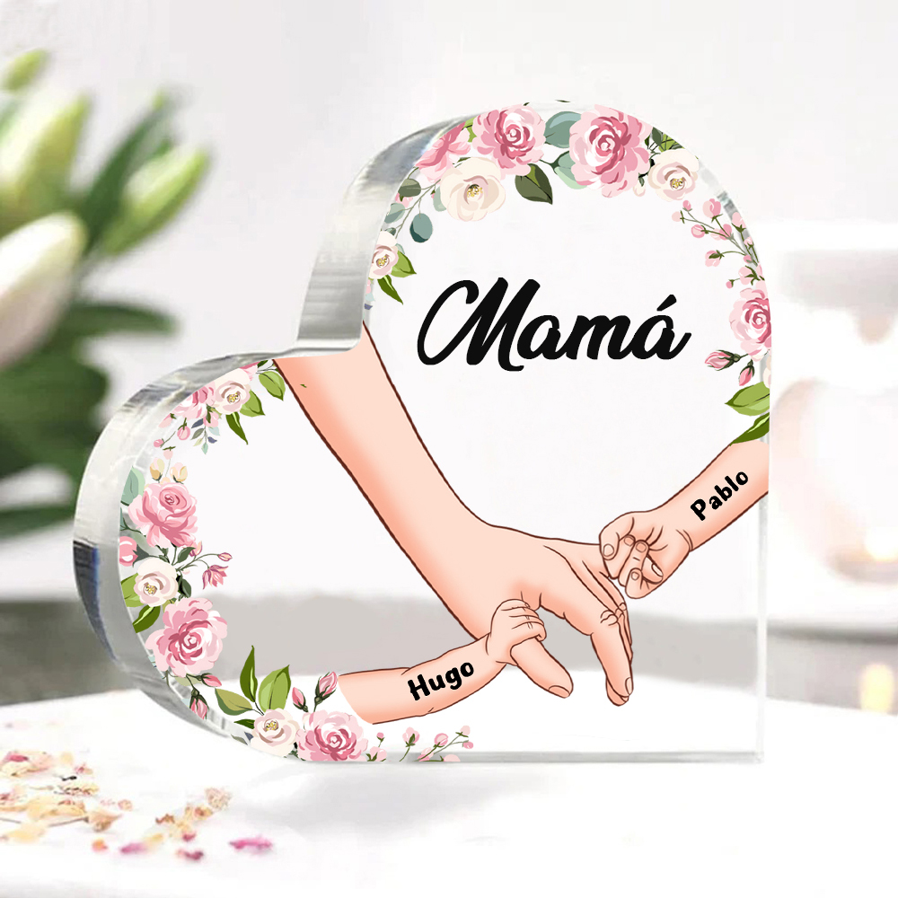 A mi mamá/abuela-Placa de acrílico en forma de corazón mano a mano con 1 texto y 2 nombres personalizados | Jessemade