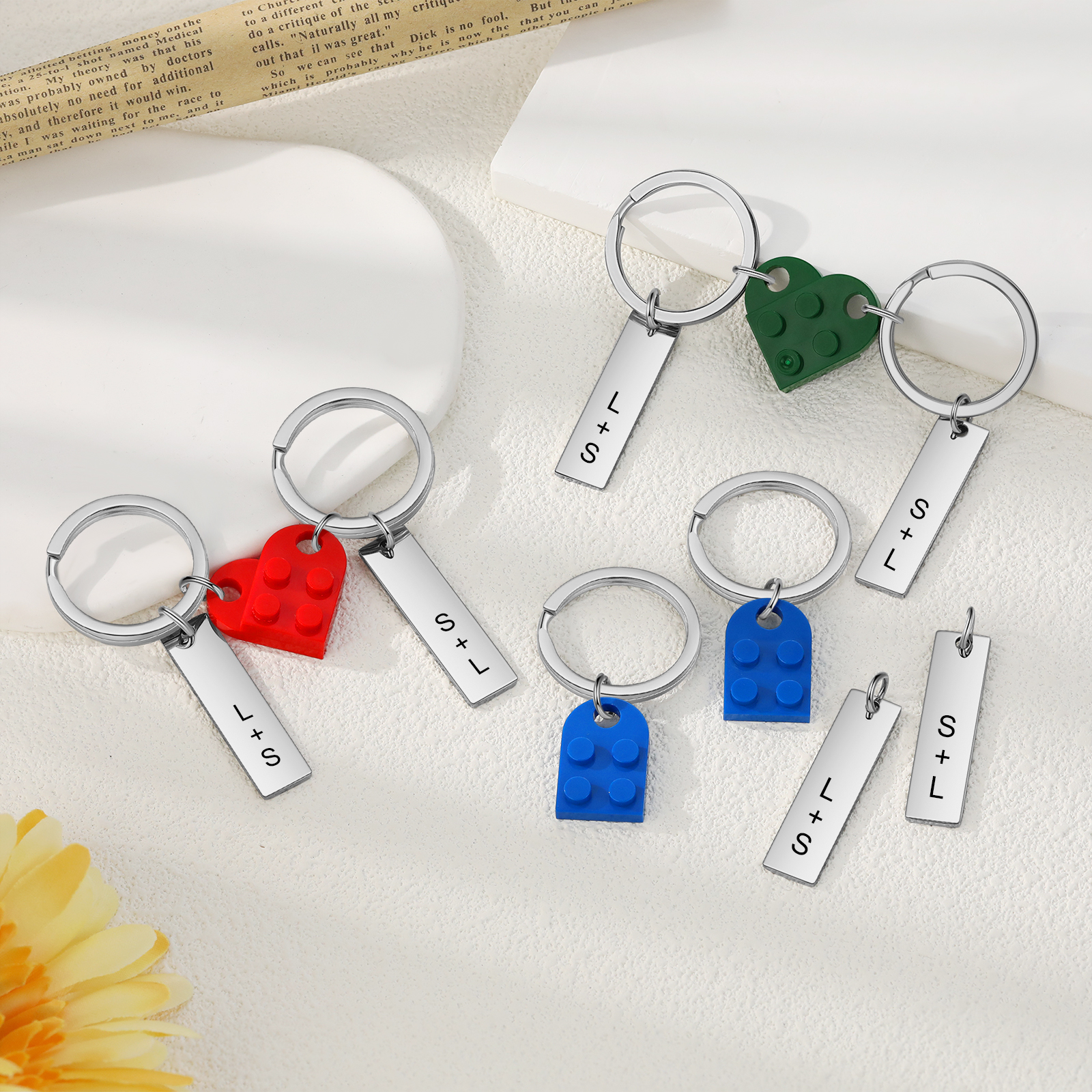 Llavero con piezas de corazón para pareja 2 letras personalizadas-Jessemade ES