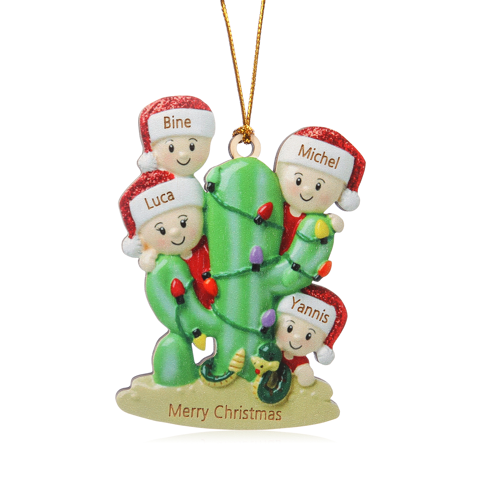 Navidad-Ornamento muñecos navideño de madera cactus 4 nombres y 1 texto personalizados adorno del árbol-Jessemade ES