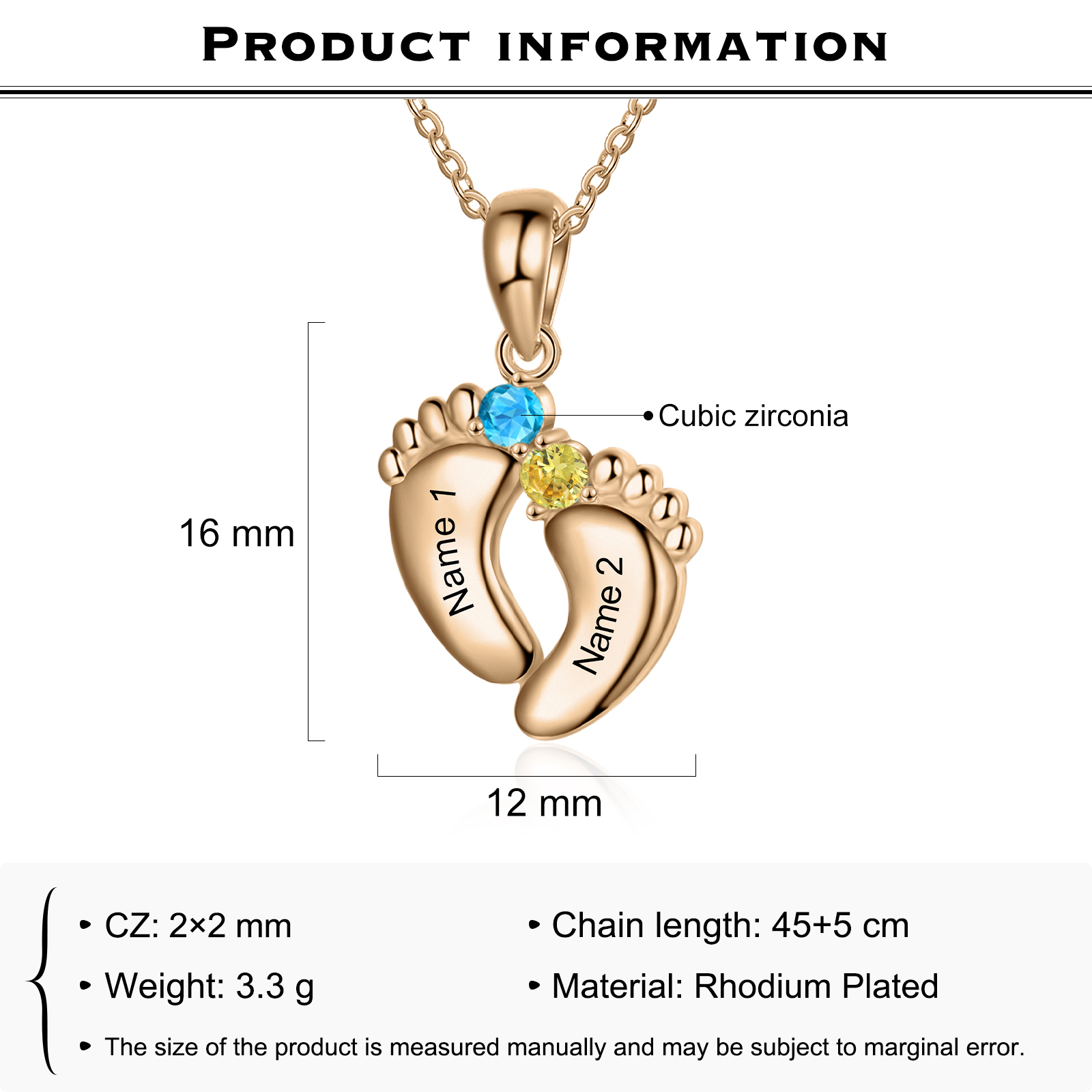 Collar pie de bebé con 1-6 nombres personalizados y 1-6 piedras de nacimiento color oro rosa-Jessemade ES