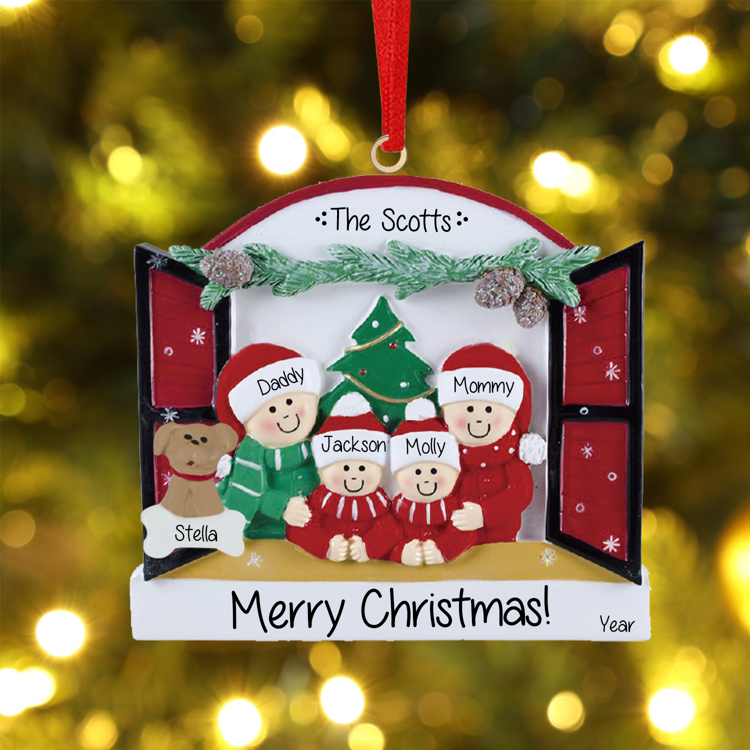 Navidad-Ornamentos Navideños de Madera Familia de 2-4 con Perro 3-5 Nombres Personalizados con 2 Textos y Año-Jessemade ES