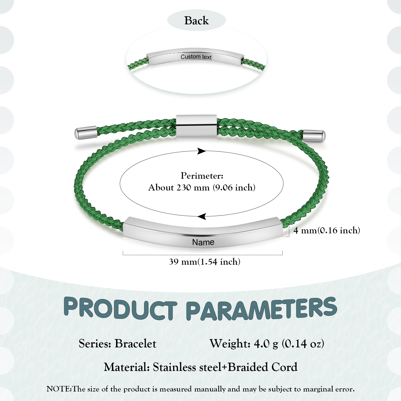 Pulsera de cuerda tejida a mano con nombre y texto personalizados seis colores placa plateada