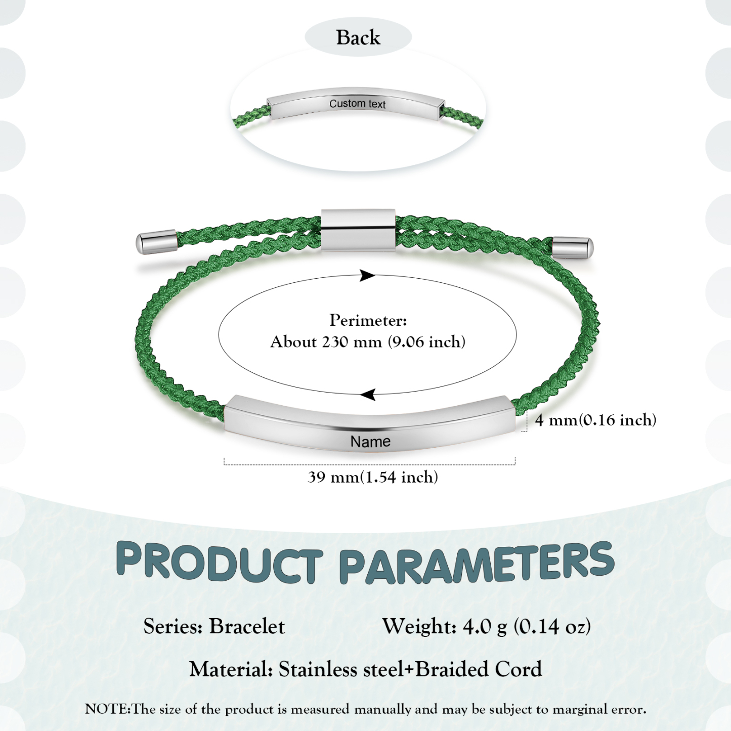 Pulsera de cuerda tejida a mano con nombre y texto personalizados seis colores placa plateada