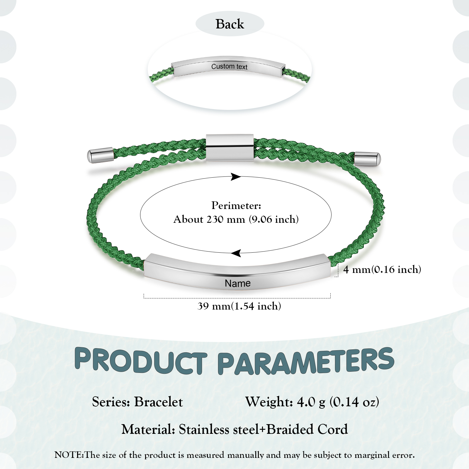 Pulsera de cuerda tejida a mano con nombre y texto personalizados seis colores placa plateada