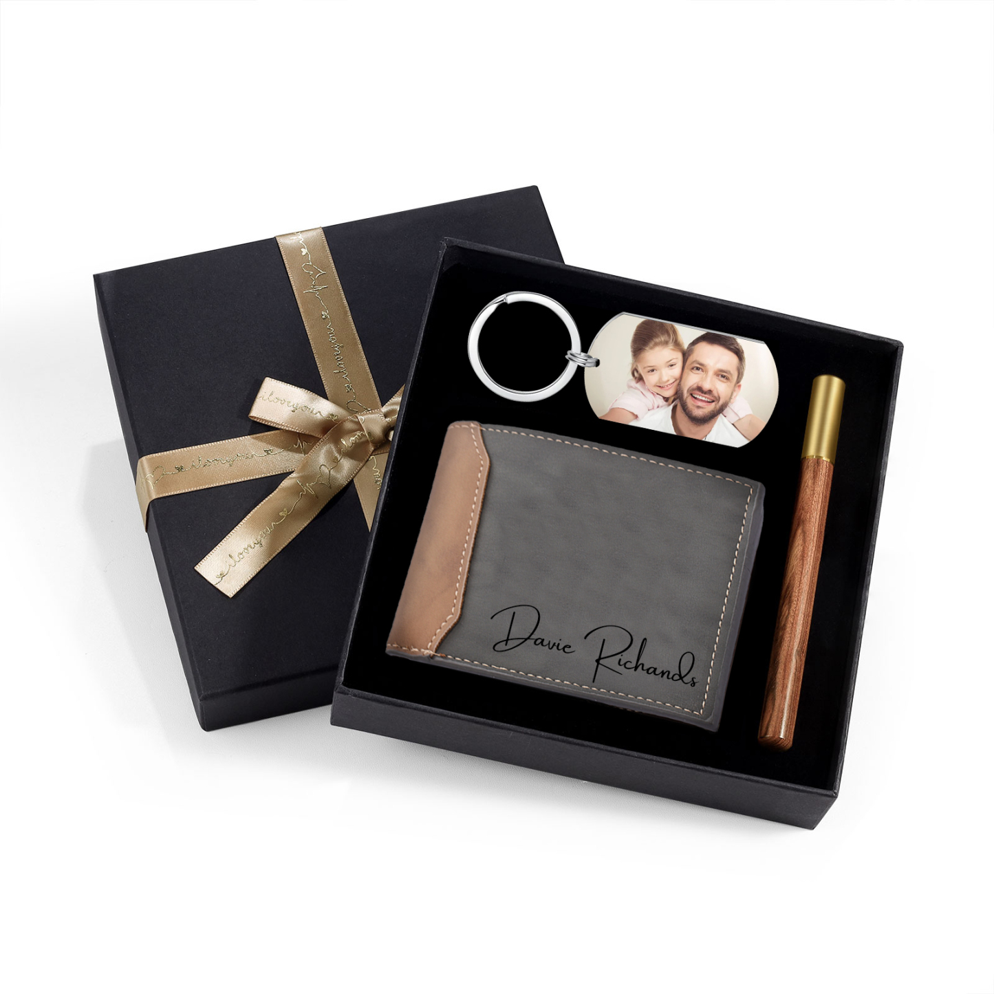 Kit de regalo-Llavero, cartera y bolígrafo con 2 textos personalizados con 2 fotos para hombre-Jessemade ES