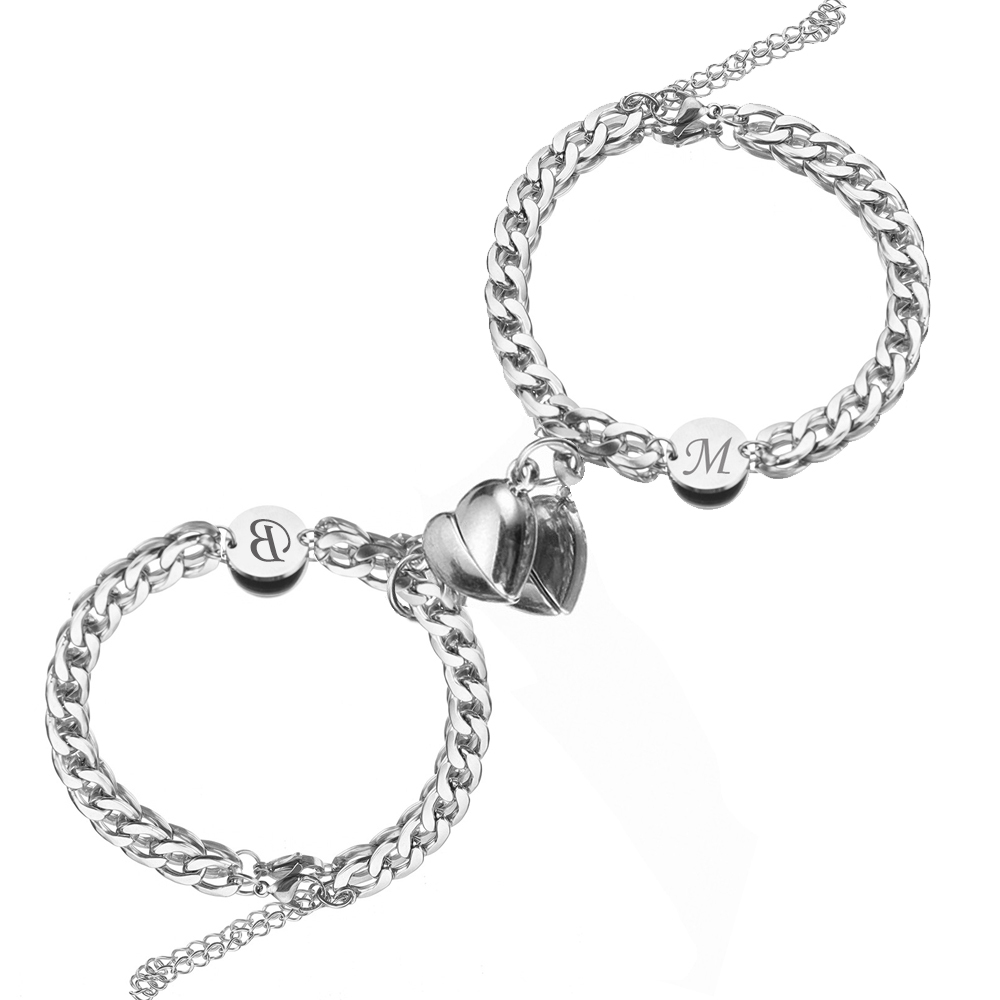 Pulseras de acero personalizadas para pareja con dije de corazón de rompecabezas magnético 2 letras-Jessemade ES