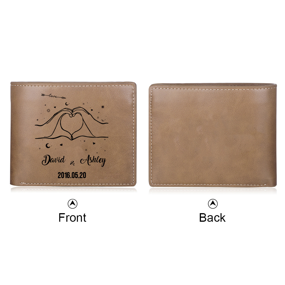 Cartera, billetera posando corazón con manos para pareja personalizada con 2 nombres y fecha-Jessemade ES