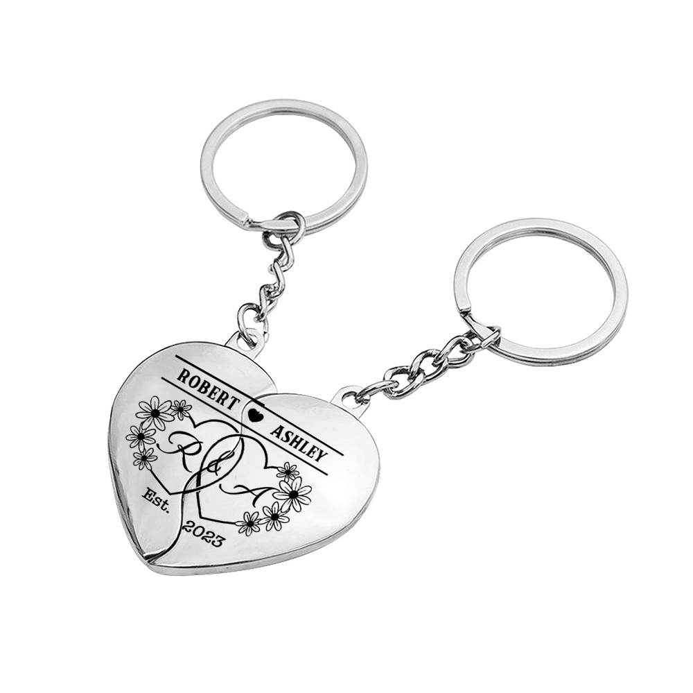 Llavero de corazón para pareja "Juntos un corazón completo" 2 nombres y 2 letras personalizados con año-Jessemade ES