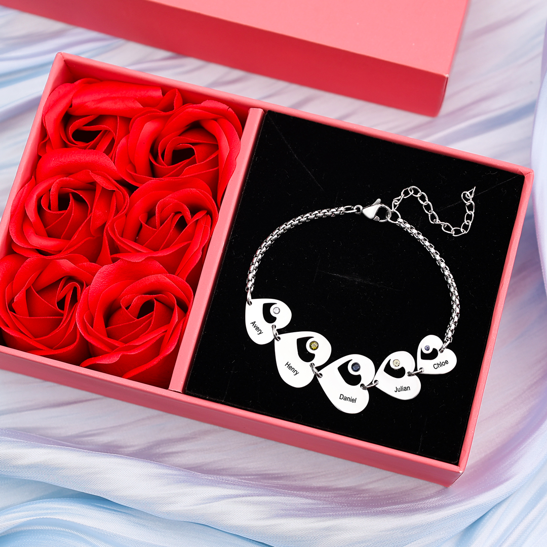 Pulsera de corazón personalizada con 5 nombres y 5 piedras de nacimiento-Jessemade ES