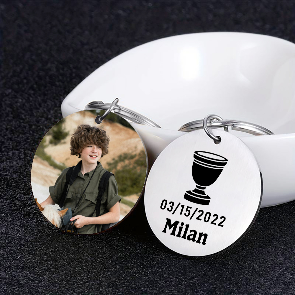 Comunión-Llavero con icono de comunión 1 foto, 1 fecha y 1 nombre personalizados-Jessemade ES
