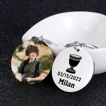 Comunión-Llavero con icono de comunión 1 foto, 1 fecha y 1 nombre personalizados-Jessemade ES