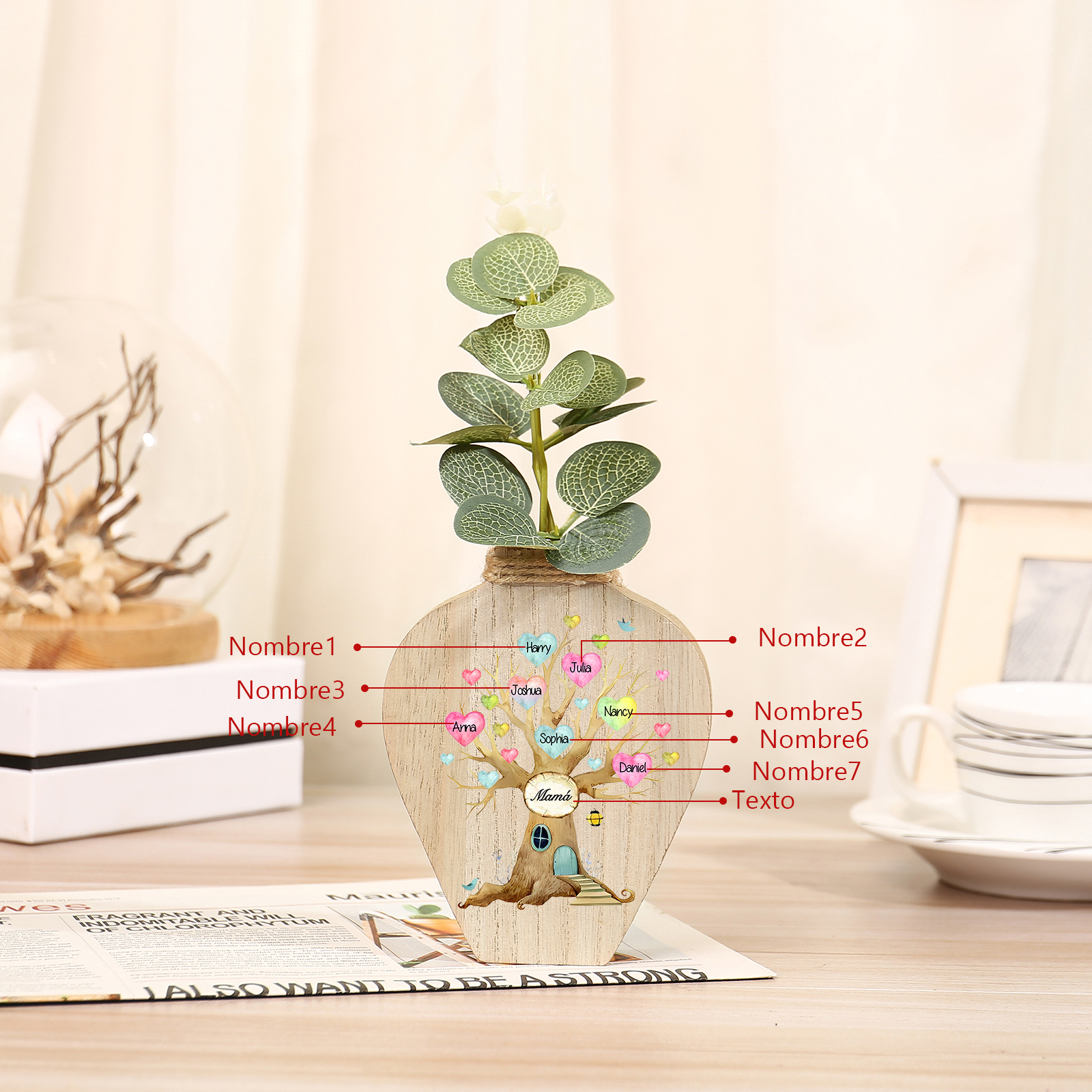 Florero de madera árbol de corazones 7 nombres personalizados con texto decoración del hogar-Jessemade ES