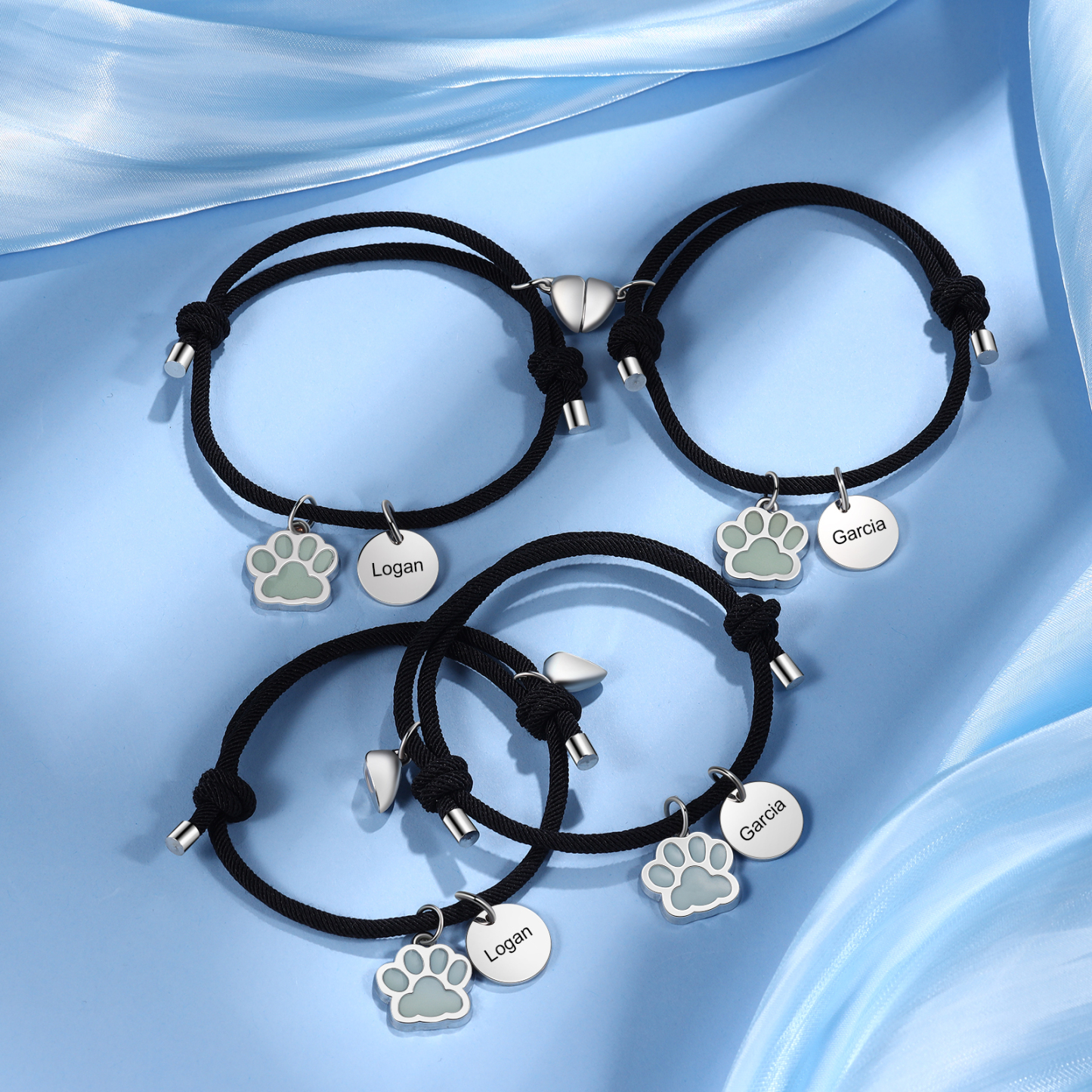 Pulsera para pareja de pata fluorescente 2 nombres personalizados con dije de corazón magnético-Jessemade ES
