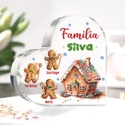 Navidad - Placa de acrílico en forma de corazón jengibres y su casa con 3 nombres y 1 texto personalizados-Jessemade ES