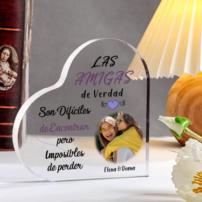 Placa de acrílico en forma de corazón para amiga con foto y 2 nombres personalizados-Jessemade ES