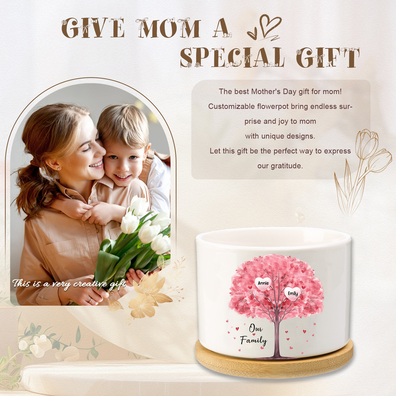 Florero con base de cerámica árbol de corazones 2-8 nombres personalizados con texto decoración del hogar-Jessemade ES