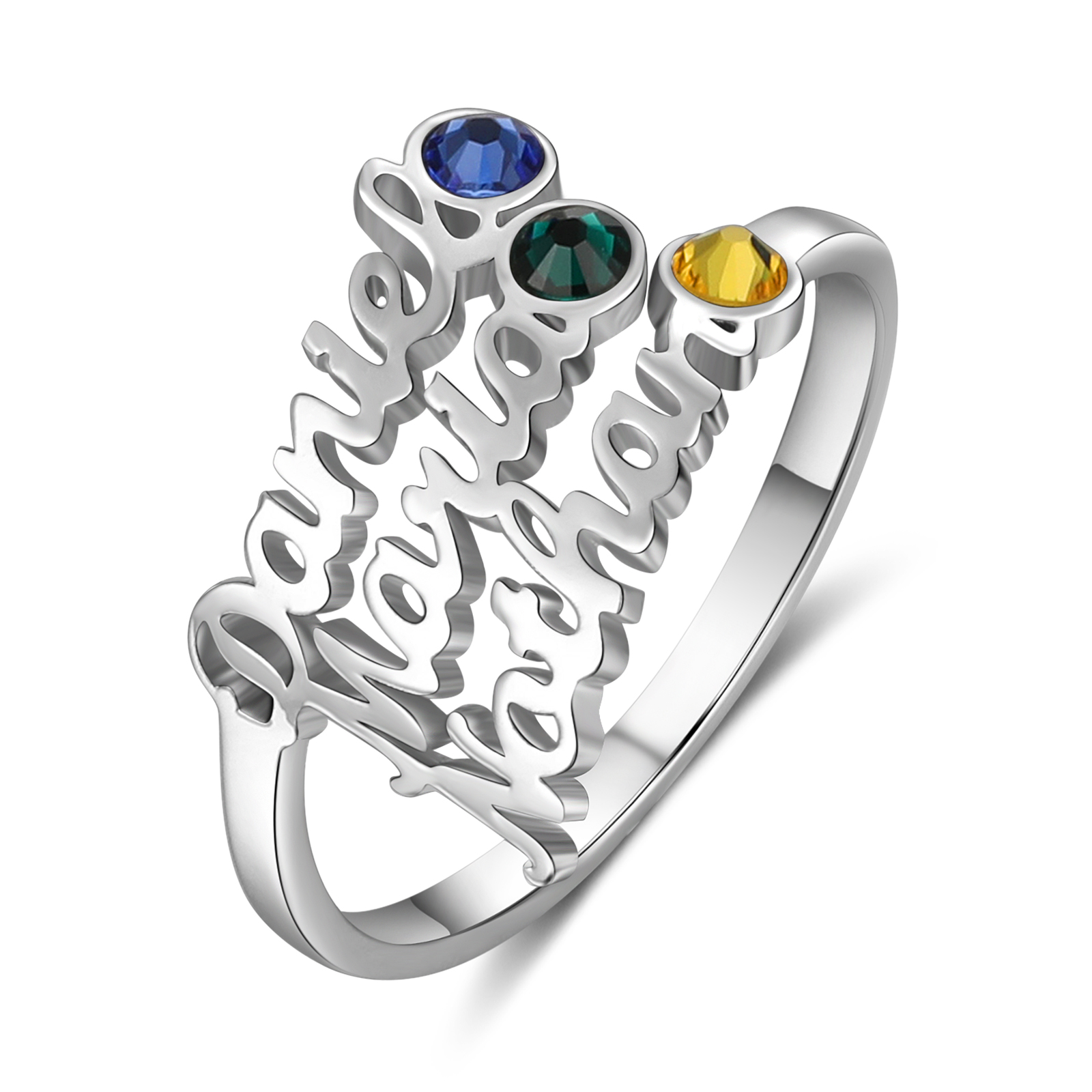 Anillo personalizado de 3 nombres y 3 piedras de nacimiento anillo familia-Jessemade ES