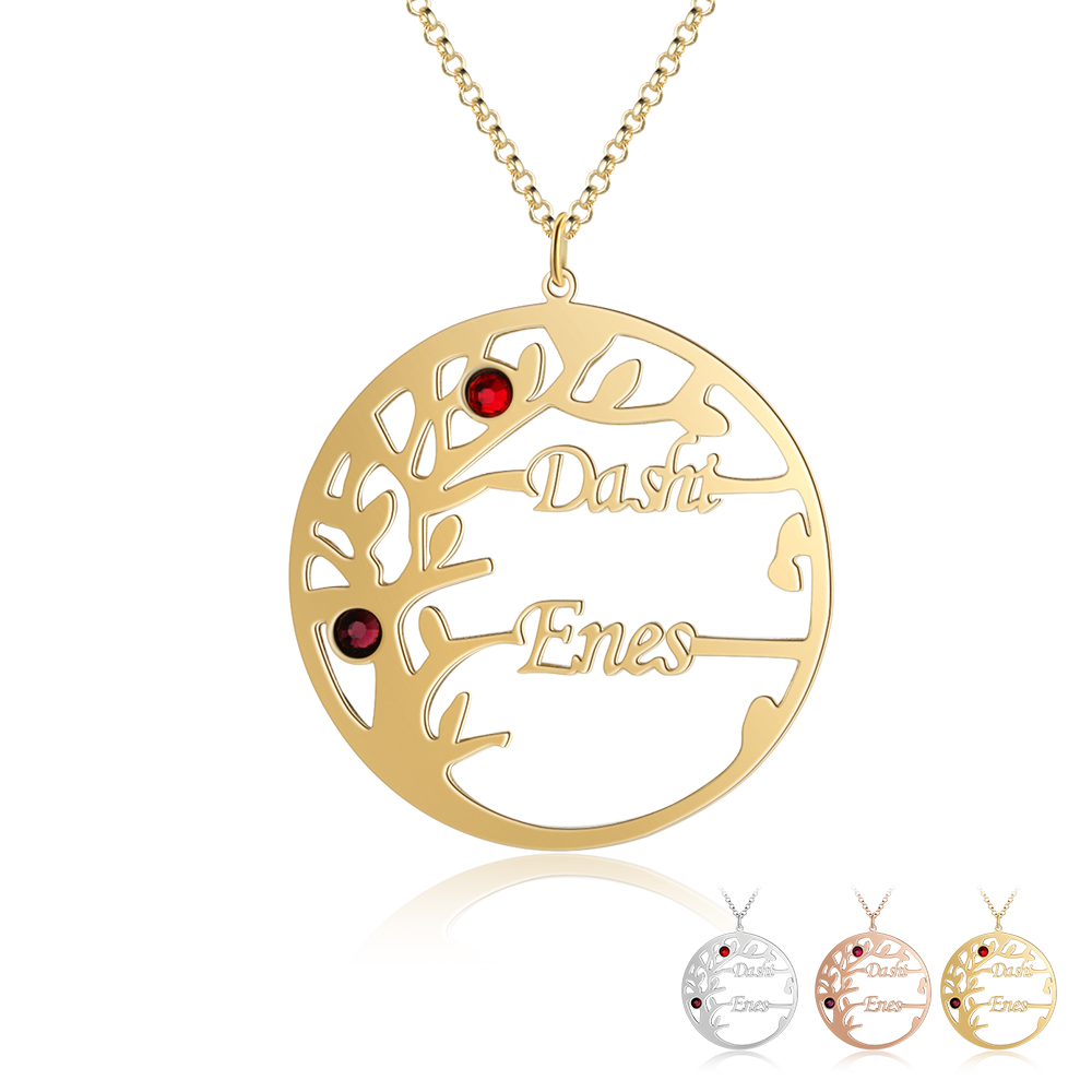 Collar de plata 925 Árbol de la Vida Árbol Genealógico 2 nombres y 2 piedras de nacimiento-Jessemade ES