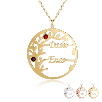 Collar de plata 925 Árbol de la Vida Árbol Genealógico 2 nombres y 2 piedras de nacimiento-Jessemade ES