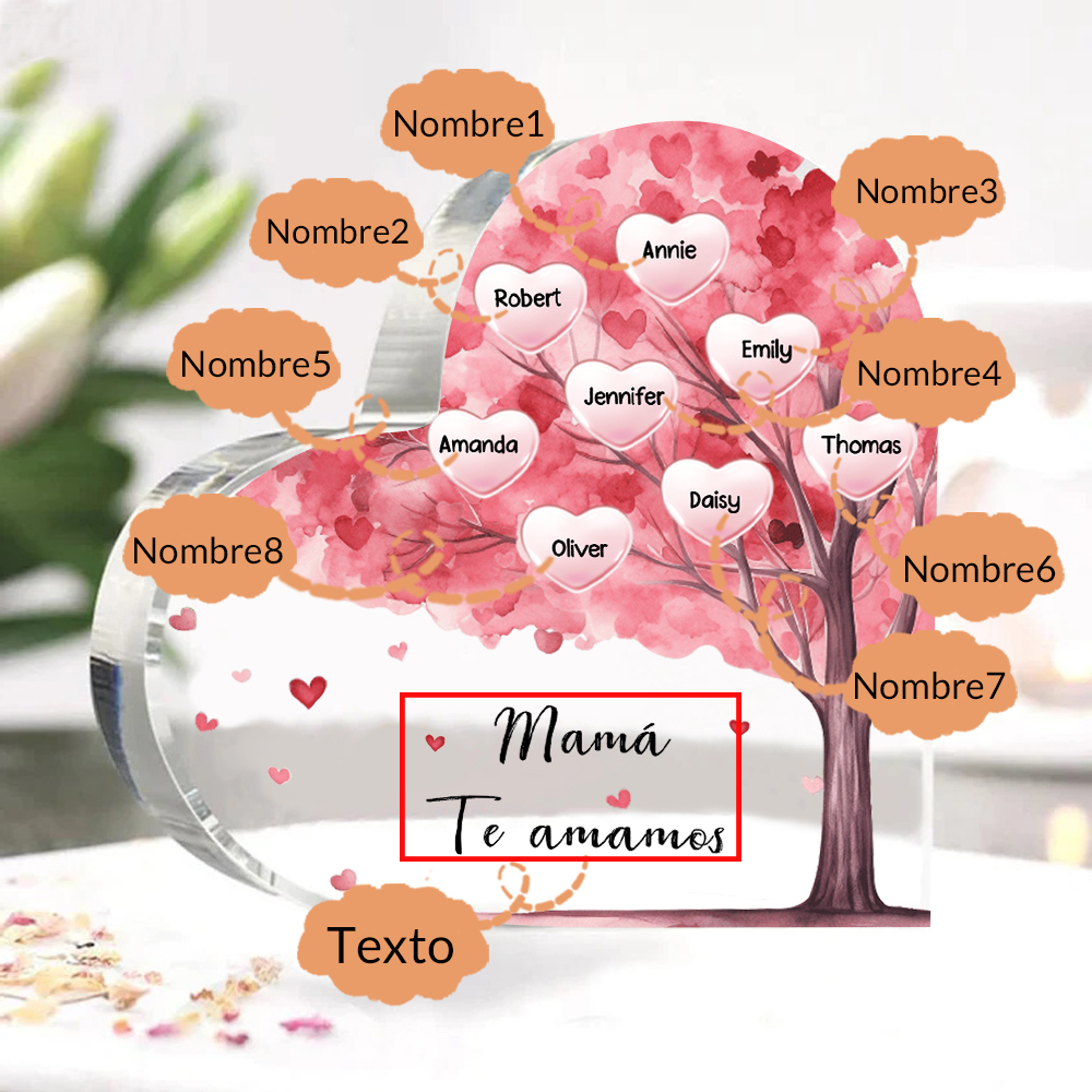 A mi mamá/abuela-Placa de acrílico "Árbol" en forma de corazón 8 nombres y 1 texto personalizados-Jessemade ES
