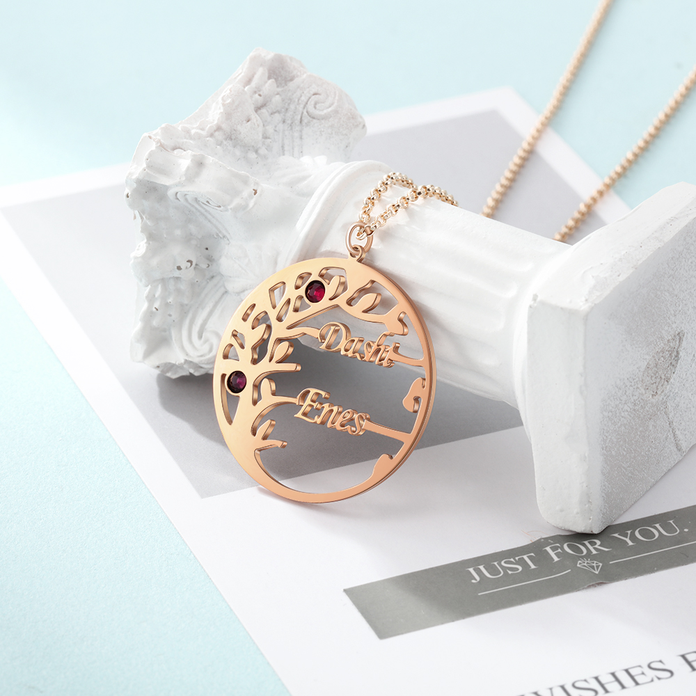 Collar de plata 925 Árbol de la Vida Árbol Genealógico 2 nombres y 2 piedras de nacimiento-Jessemade ES