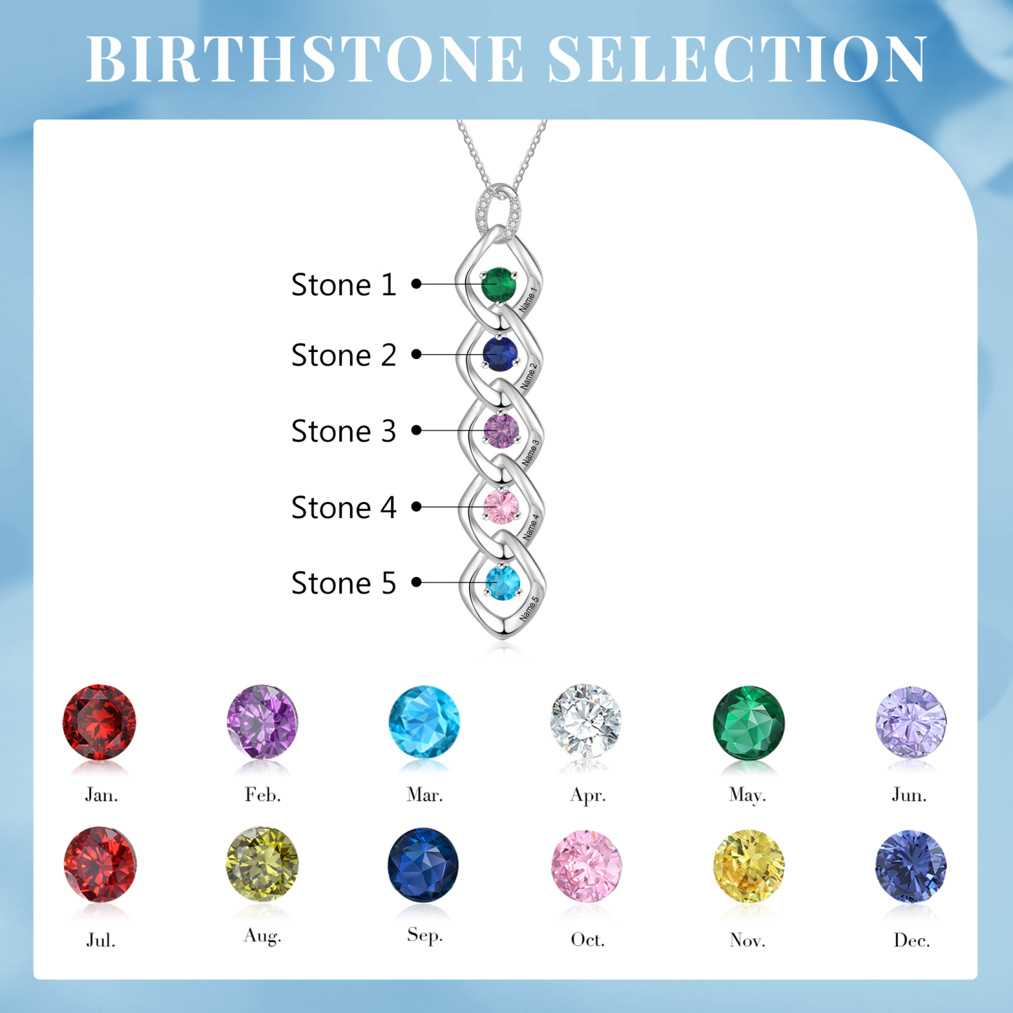 Collar de lazos con 2-5 nombres y piedras de nacimiento personalizados-Jessemade ES
