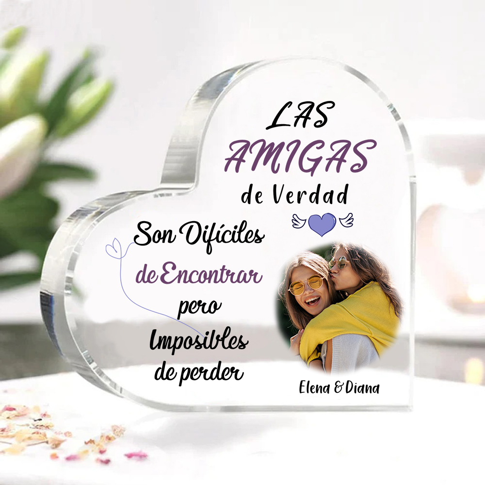Placa de acrílico en forma de corazón para amiga con foto y 2 nombres personalizados-Jessemade ES
