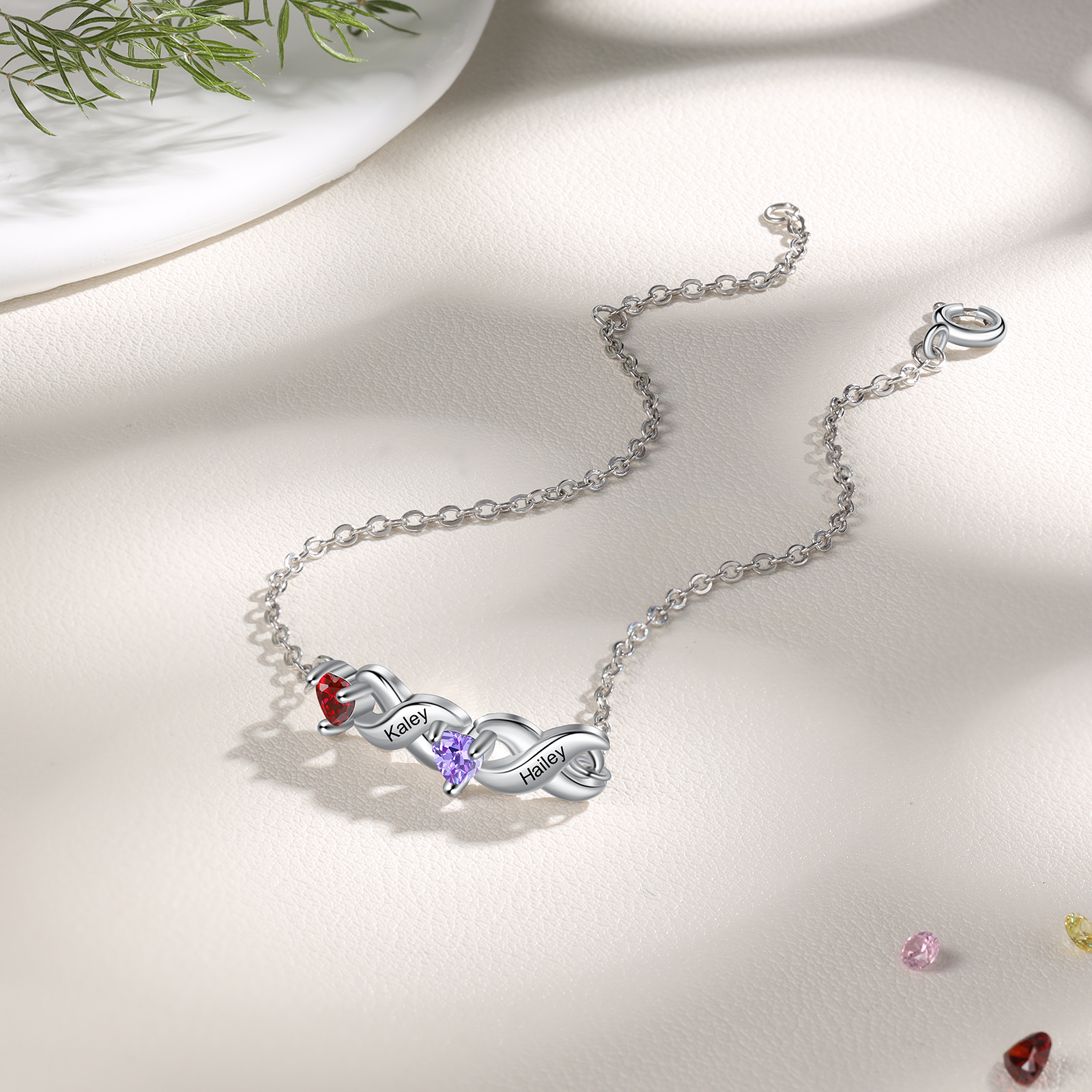 Pulsera infinito personalizada con 2 nombres y 2 piedras de nacimiento de corazón-Jessemade ES