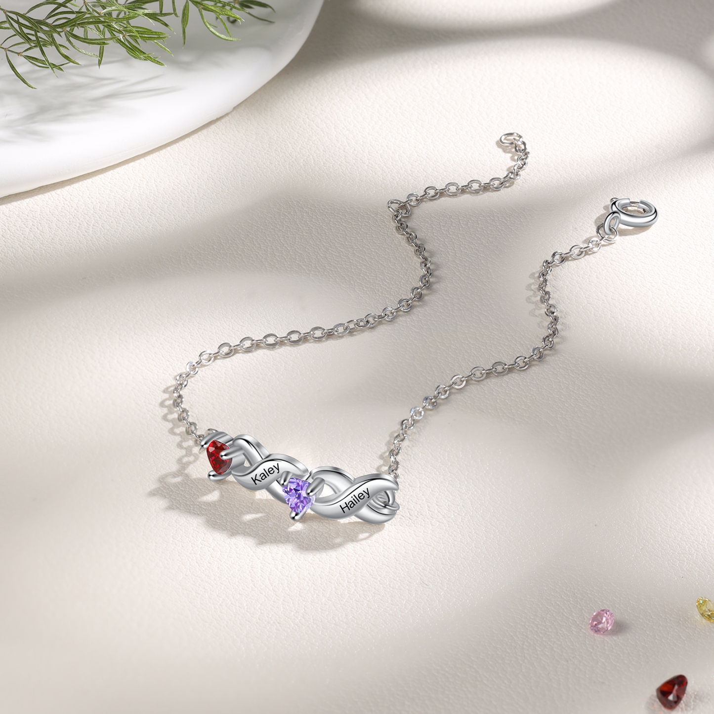 Pulsera infinito personalizada con 2 nombres y 2 piedras de nacimiento de corazón-Jessemade ES