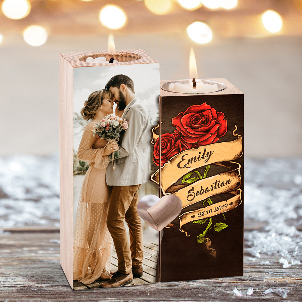 Candelero para pareja de madera de dos piezas sin candela con 2 nombres, fecha y foto personalizados-Jessemade ES