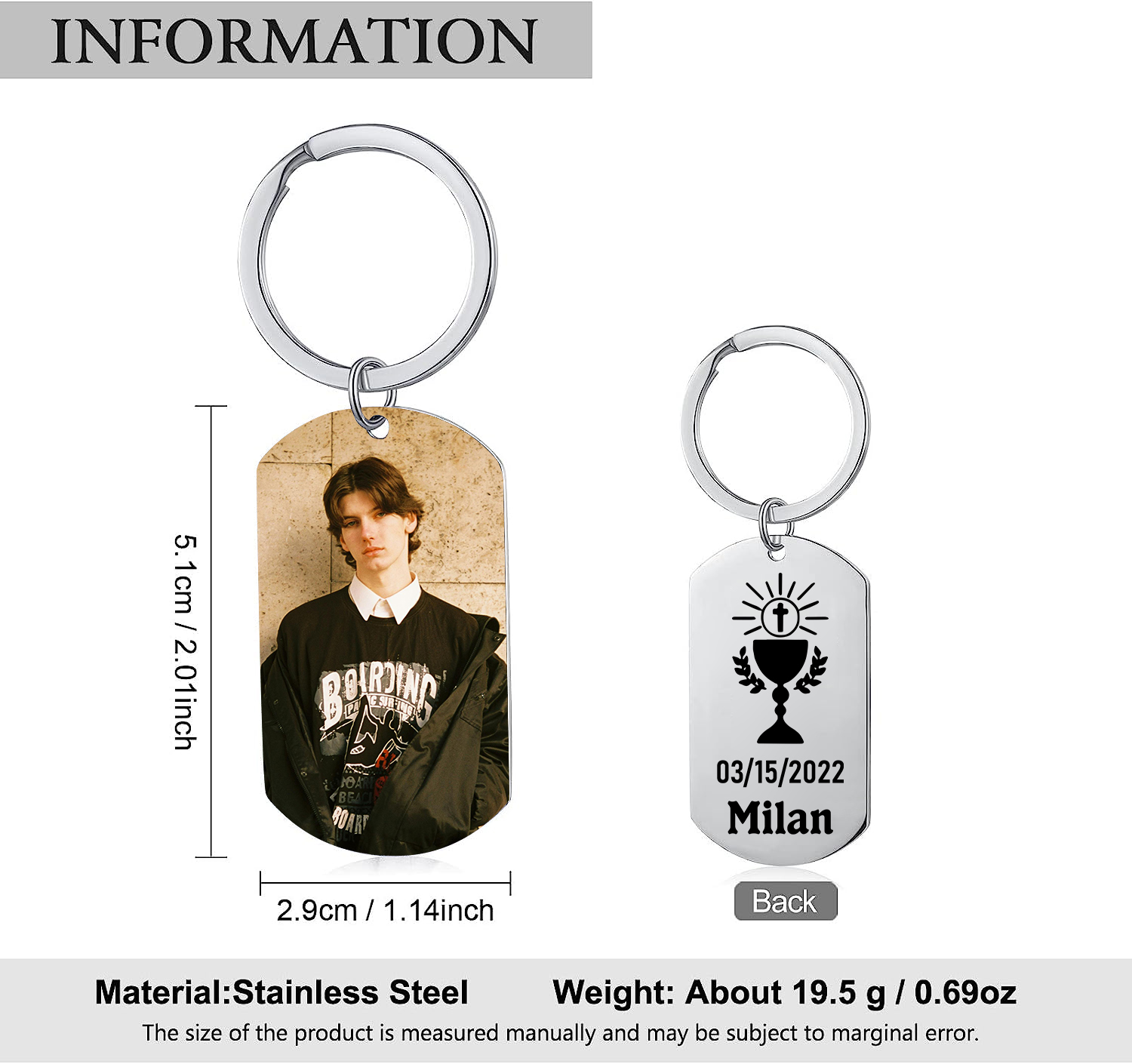 Comunión-Llavero con icono de comunión 1 foto, 1 nombre y 1 fecha personalizados-Jessemade ES