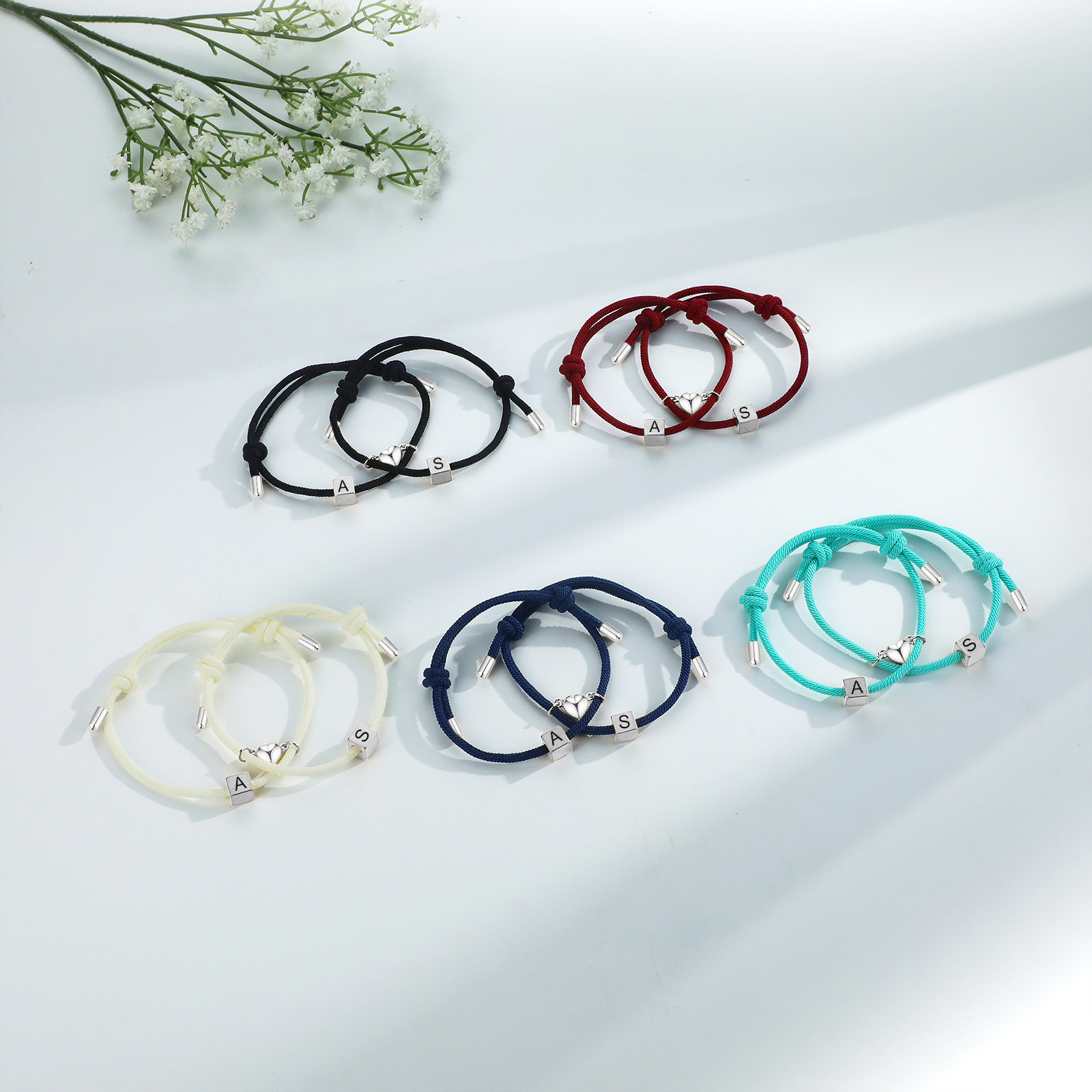 Pulseras de cuerda personalizadas para pareja con dije de corazón magnético grabado de dos letras-Jessemade ES