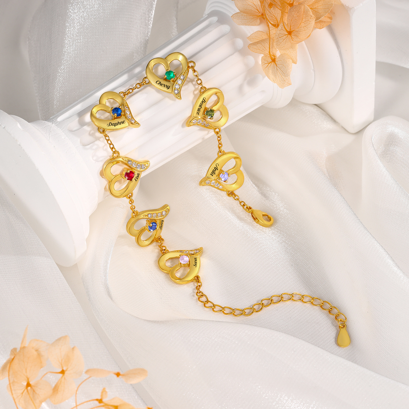 Pulsera 1-7 nombres y piedras de nacimiento personalizadas con dije de corazón-Jessemade ES