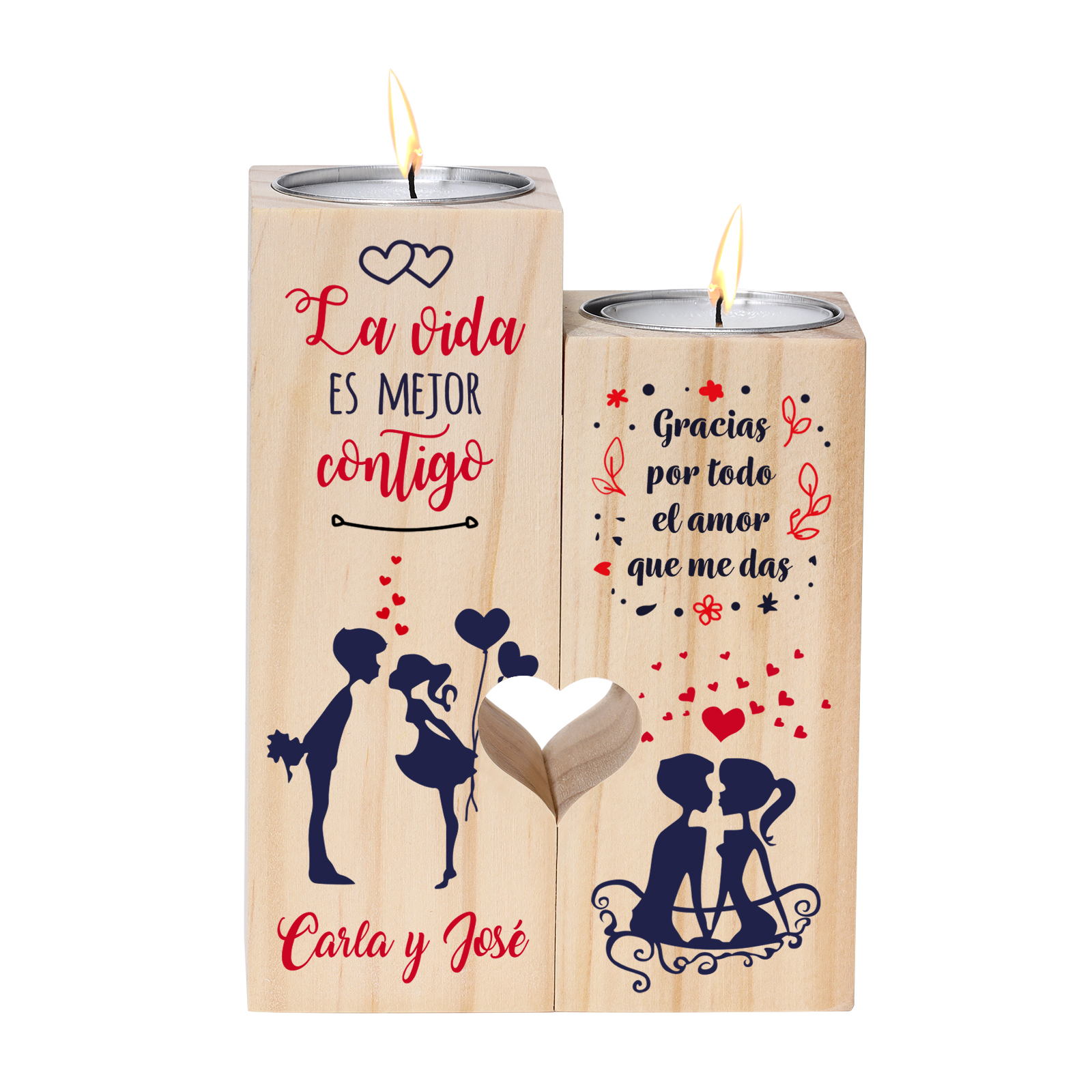 Candelero para pareja de madera de dos piezas sin candela con texto personalizado-Jessemade ES