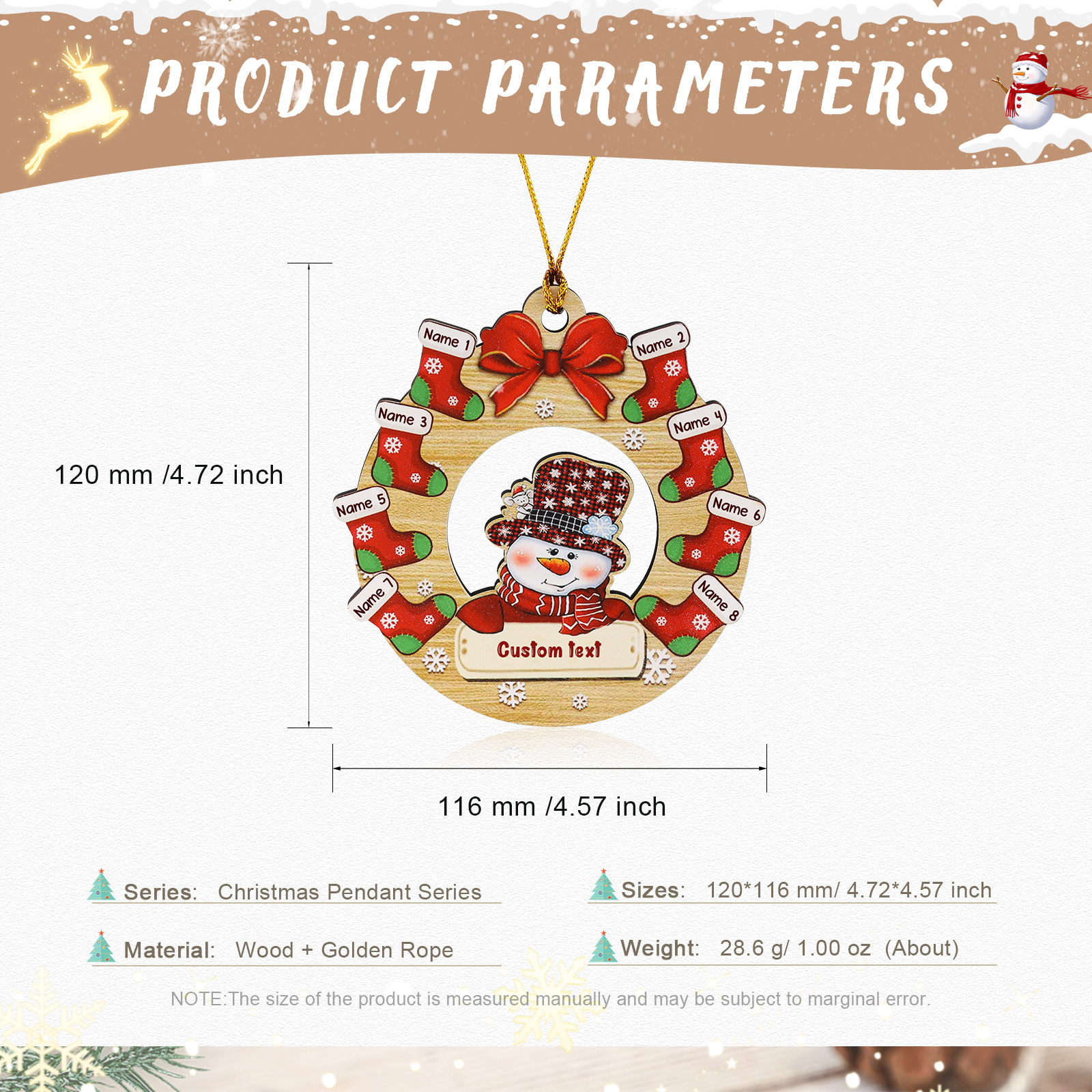 Navidad-Ornamentos Navideños de Madera Muñecos de Nieve y Calcetines 8 Nombres con Texto Personalizados-Jessemade ES