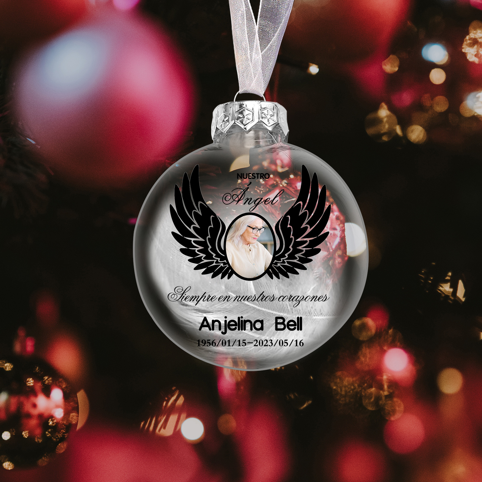 Bola navideña conmemorativa Adorno de Navidad 1 nombre, 1 foto y años personalizados con pluma -Jessemade ES