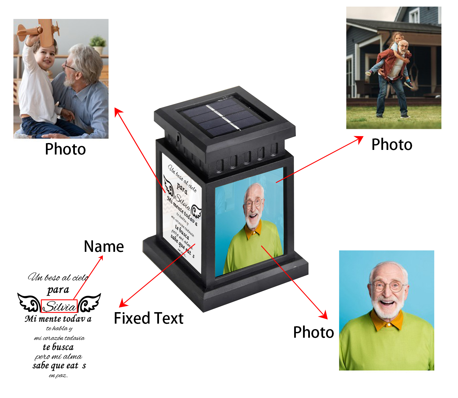 Luz Nocturna Conmemorativa Linterna con frase fijado y personalizada con nombre y 3 fotos a ser querido-Jessemade ES