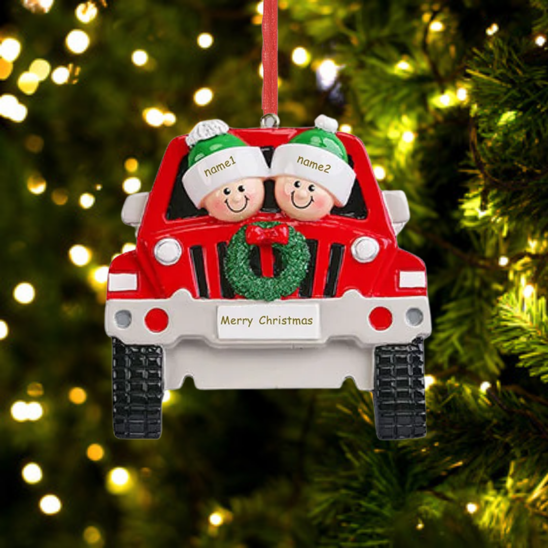 Navidad-Ornamentos con Muñecos Navideños en Coche 2 Nombres con Texto Personalizados Adorno de Resina