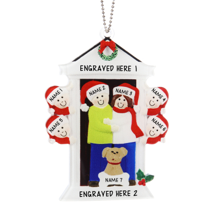 Navidad-Ornamentos Navideños de Acrílico Familia en Puerta con Perro 7 Nombres Personalizados con 2 Textos-Jessemade ES