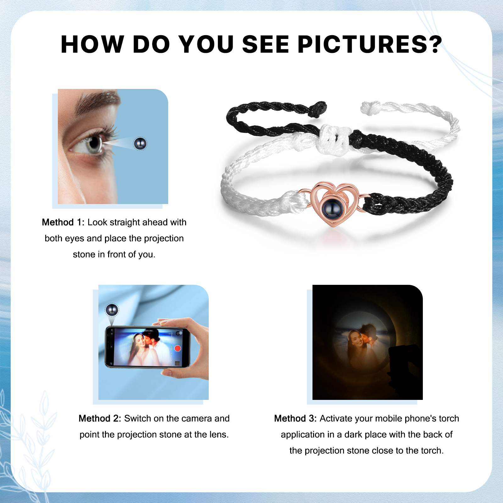 Pulsera de cuerda con proyección de foto en color con dije de corazón pulsera ajustable-Jessemade ES