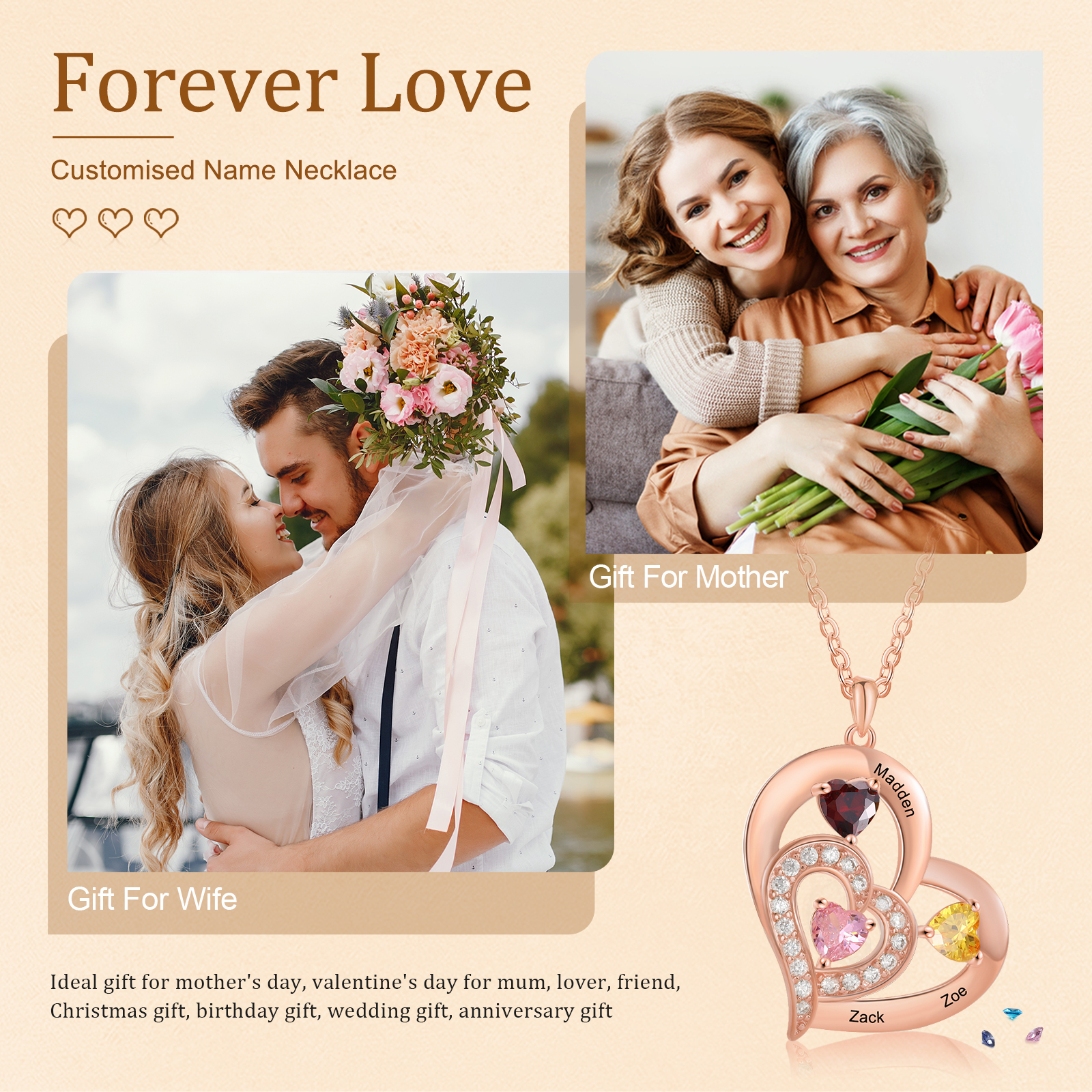 Collar corazón con 1-6 nombres personalizados y 1-6 piedras de nacimiento-Jessemade ES