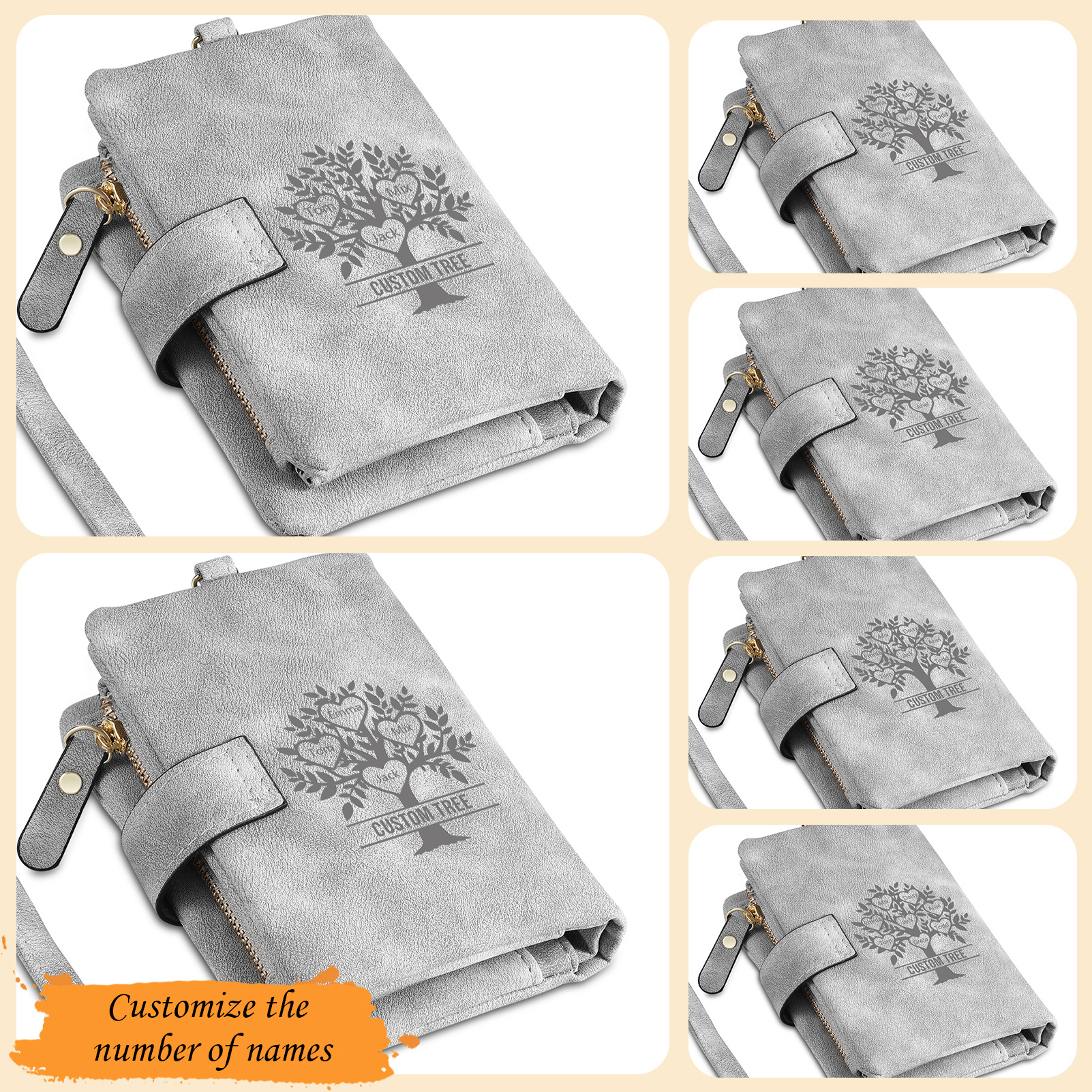 Cartera, billetera con 3-8 nombres, 1 letra y 1 texto personalizados árbol de la vida monedero clásico para mujer-Jessemade ES