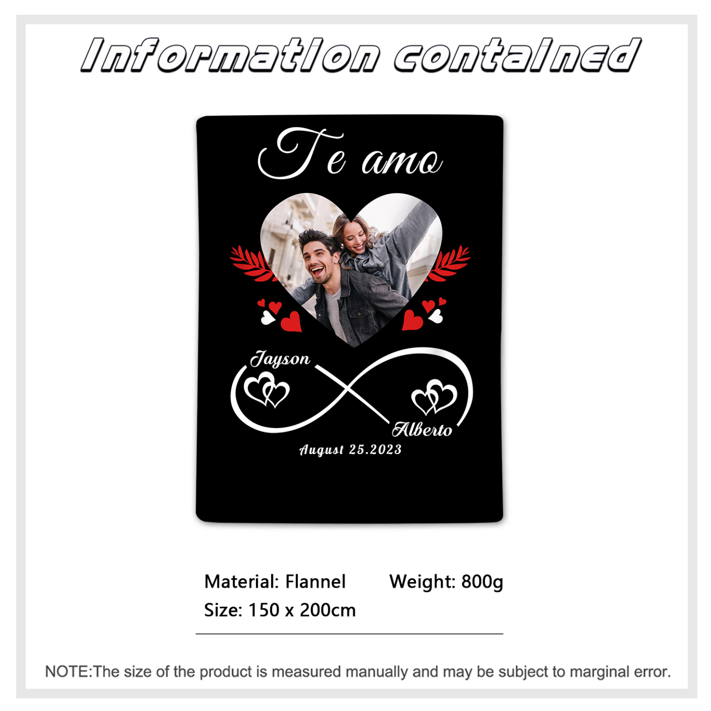 Pareja-Manta de buen calidad de nudo infinito y foto personalizada con nombres y fecha-Jessemade ES