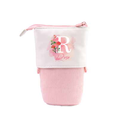 Estuche personalizado con nombre, letra y flor de nacimiento con diseños coloridos para niños