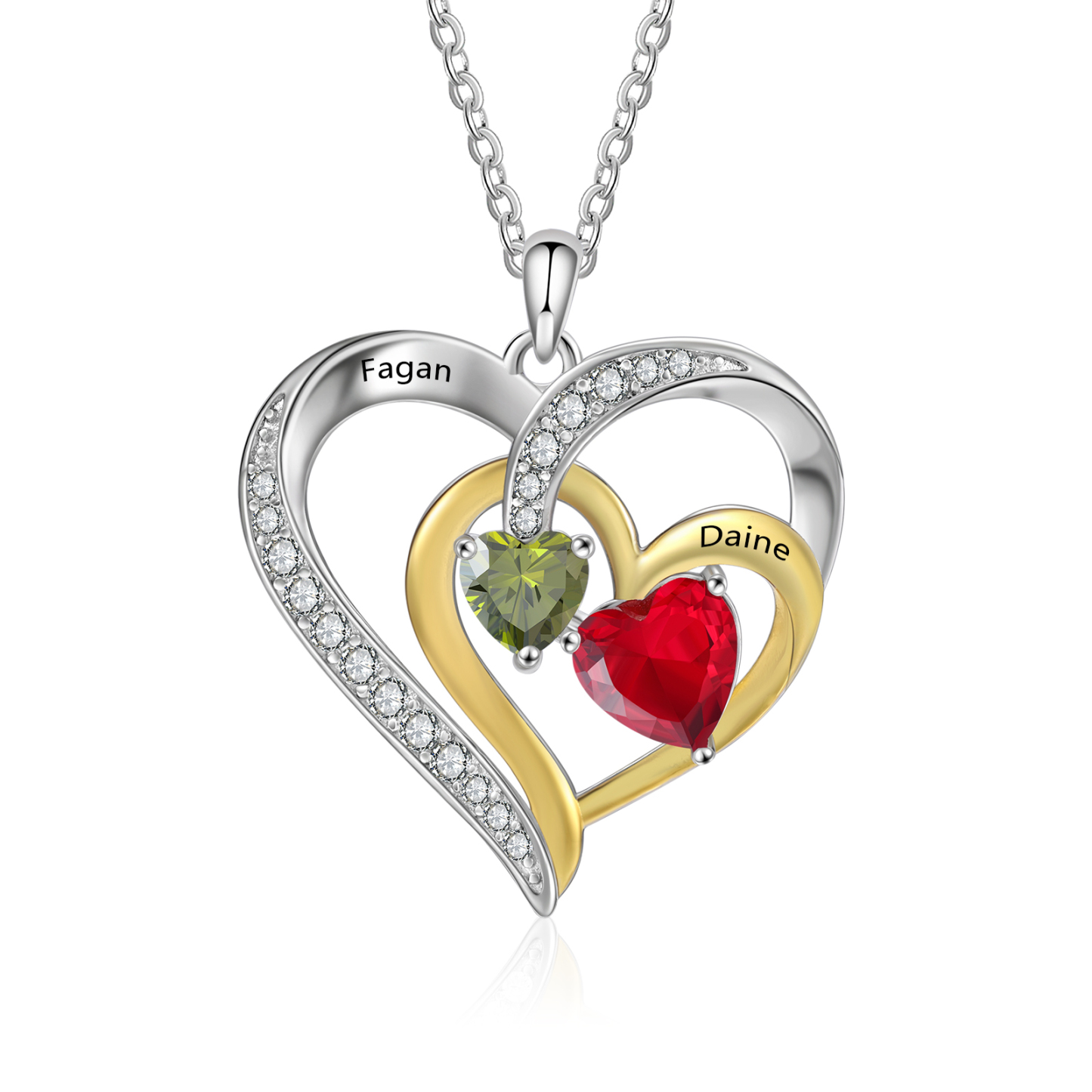 Collar corazón con 2 nombres y 2 piedras de nacimiento personalizados-Jessemade ES