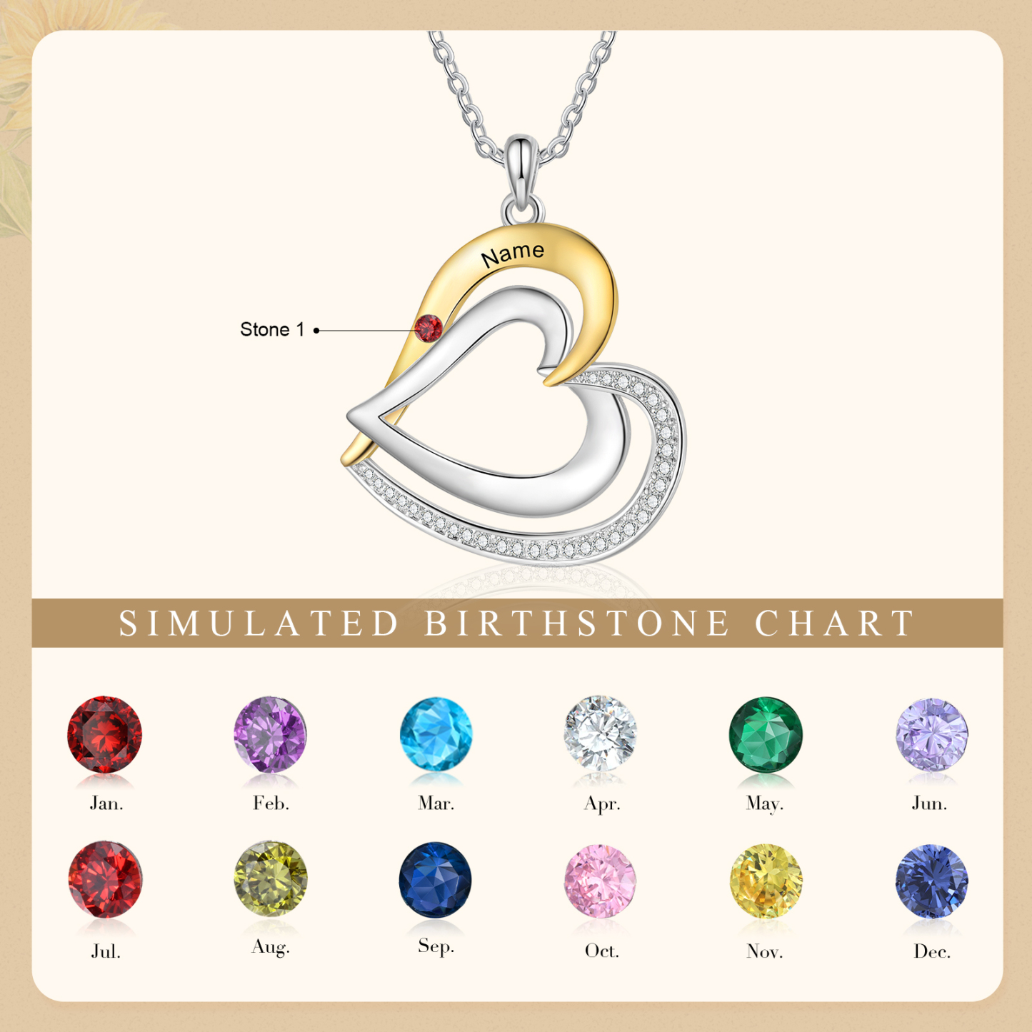 Collar de corazón de plata 925 con 1 nombre y piedra de nacimiento personalizado-Jessemade ES