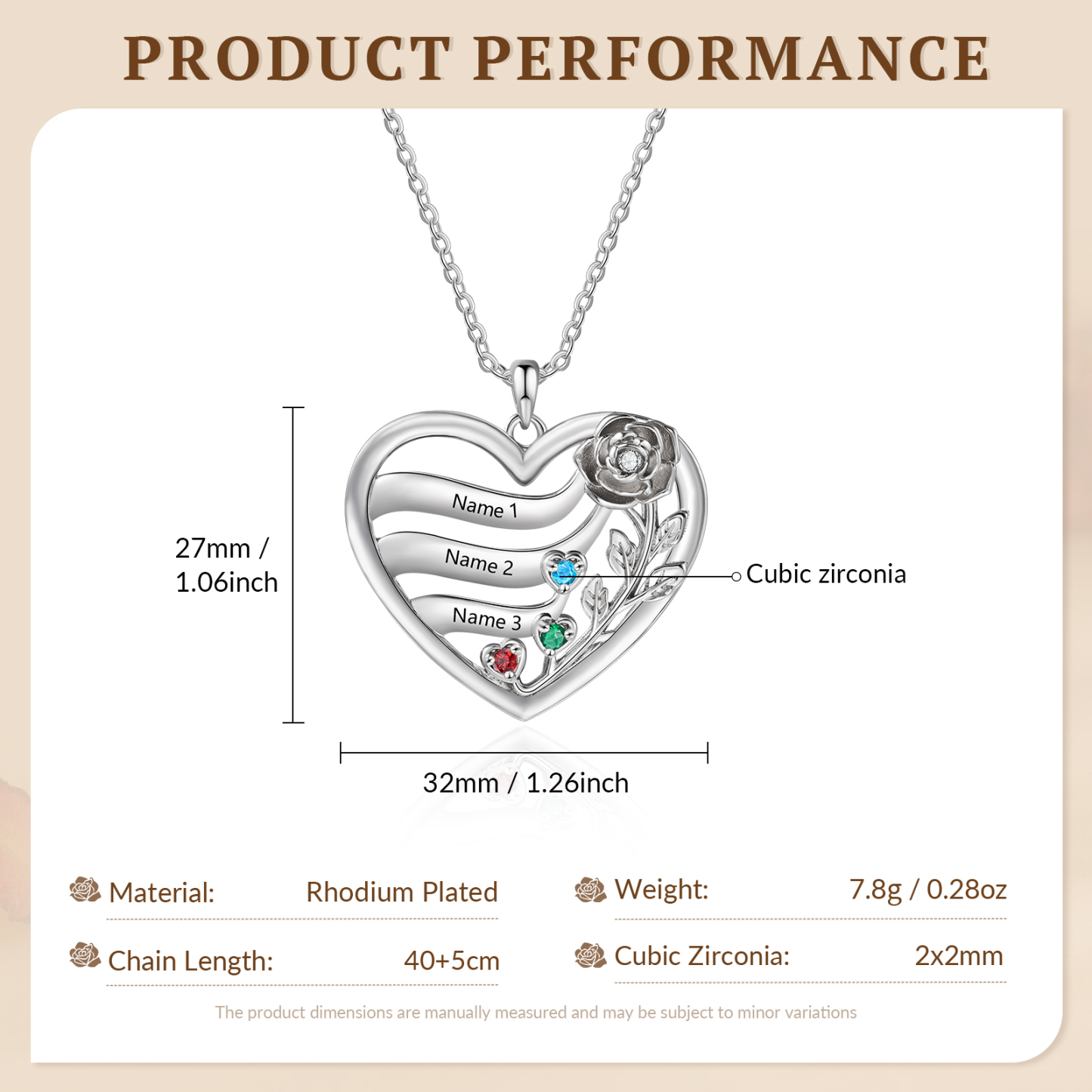 Collar personalizable con corazón de rosas y piedra de nacimiento con 2 a 5 nombres